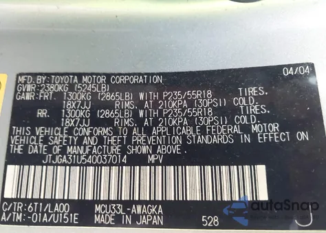 2004 Lexus Rx 330 from USA, damaged, VIN JTJGA31U540037014